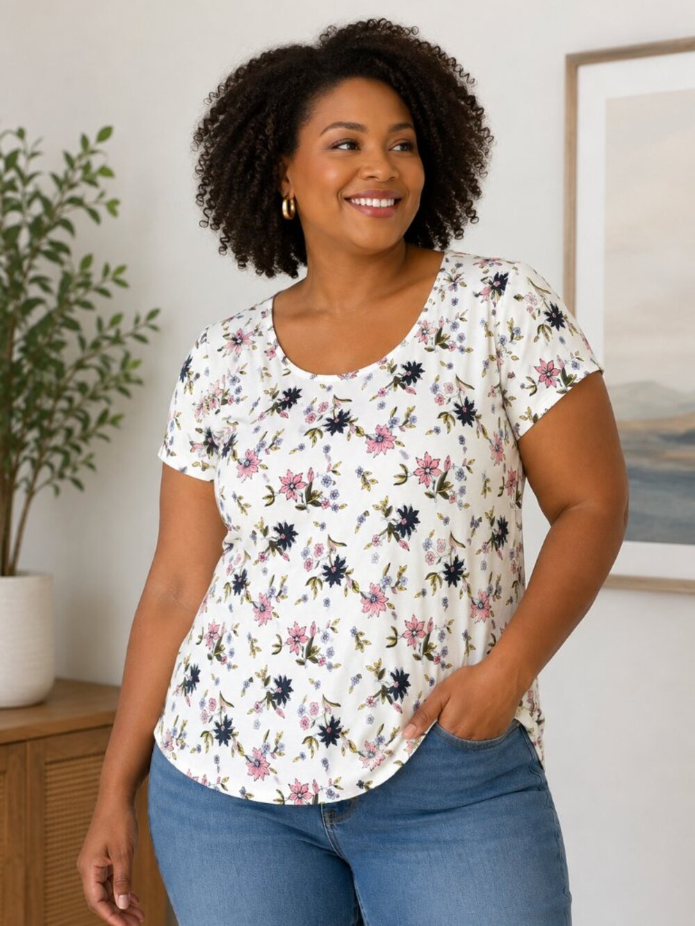 Philosophy Woman 3X Floral Stretch Top White Pink Soft Casual Plus Size